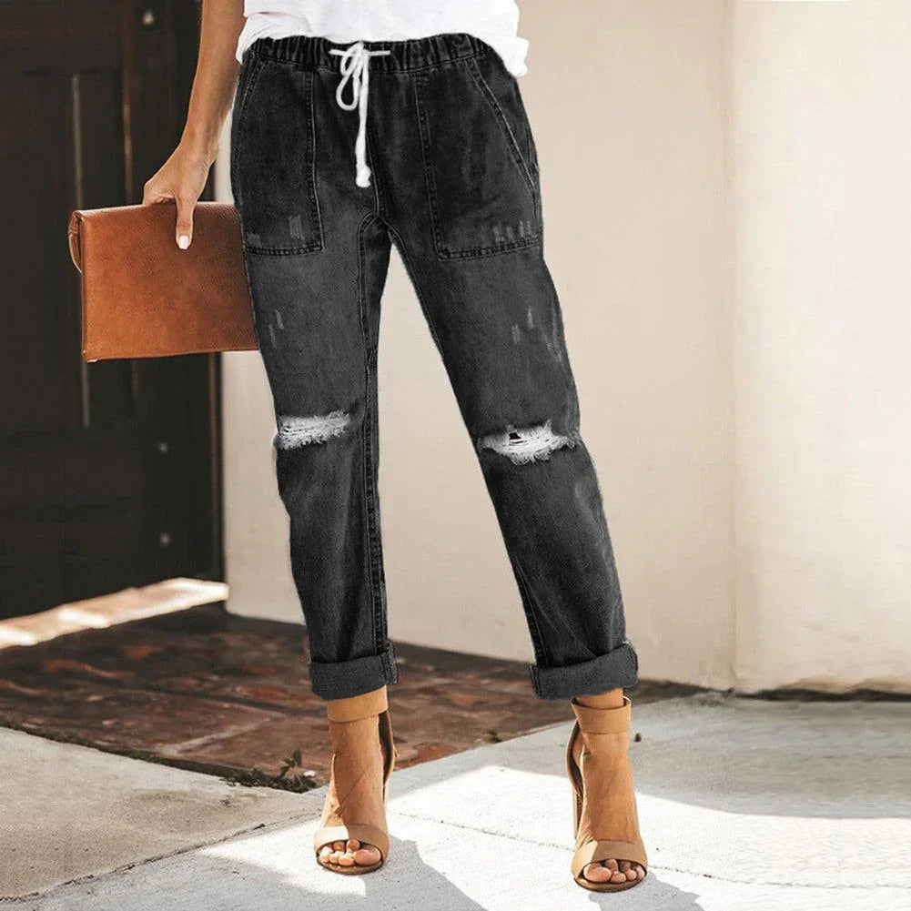 Women's Distressed Denim Jogger Trousers with Elastic Waist