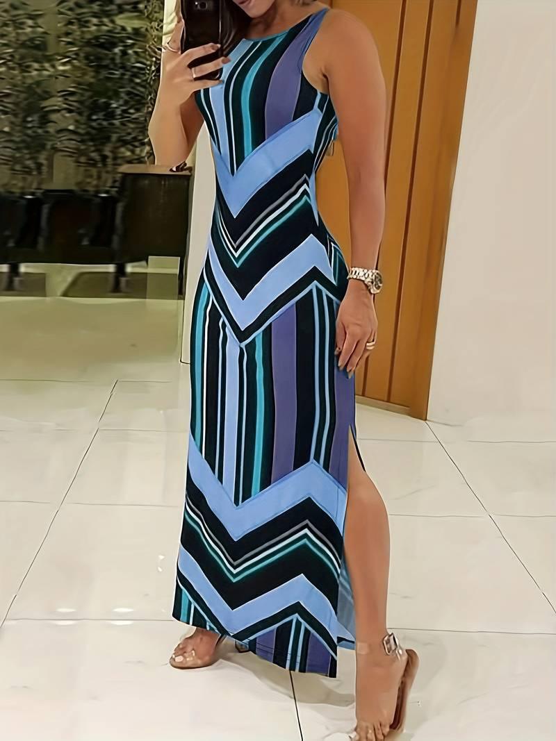 Women's Maxi Dress - Sleeveless Crew Neck - Chevron Stripe - High Side Slit