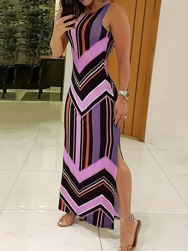 Women's Maxi Dress - Sleeveless Crew Neck - Chevron Stripe - High Side Slit