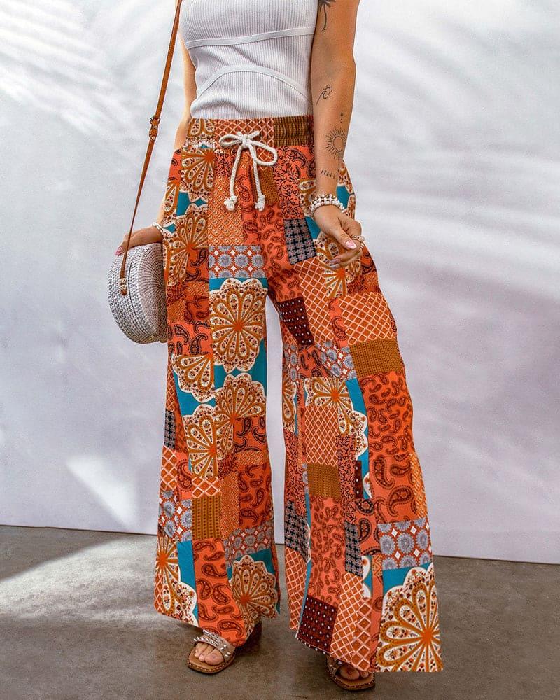 Women's High Waist Palazzo Trousers with Adjustable Drawstring and Boho Print