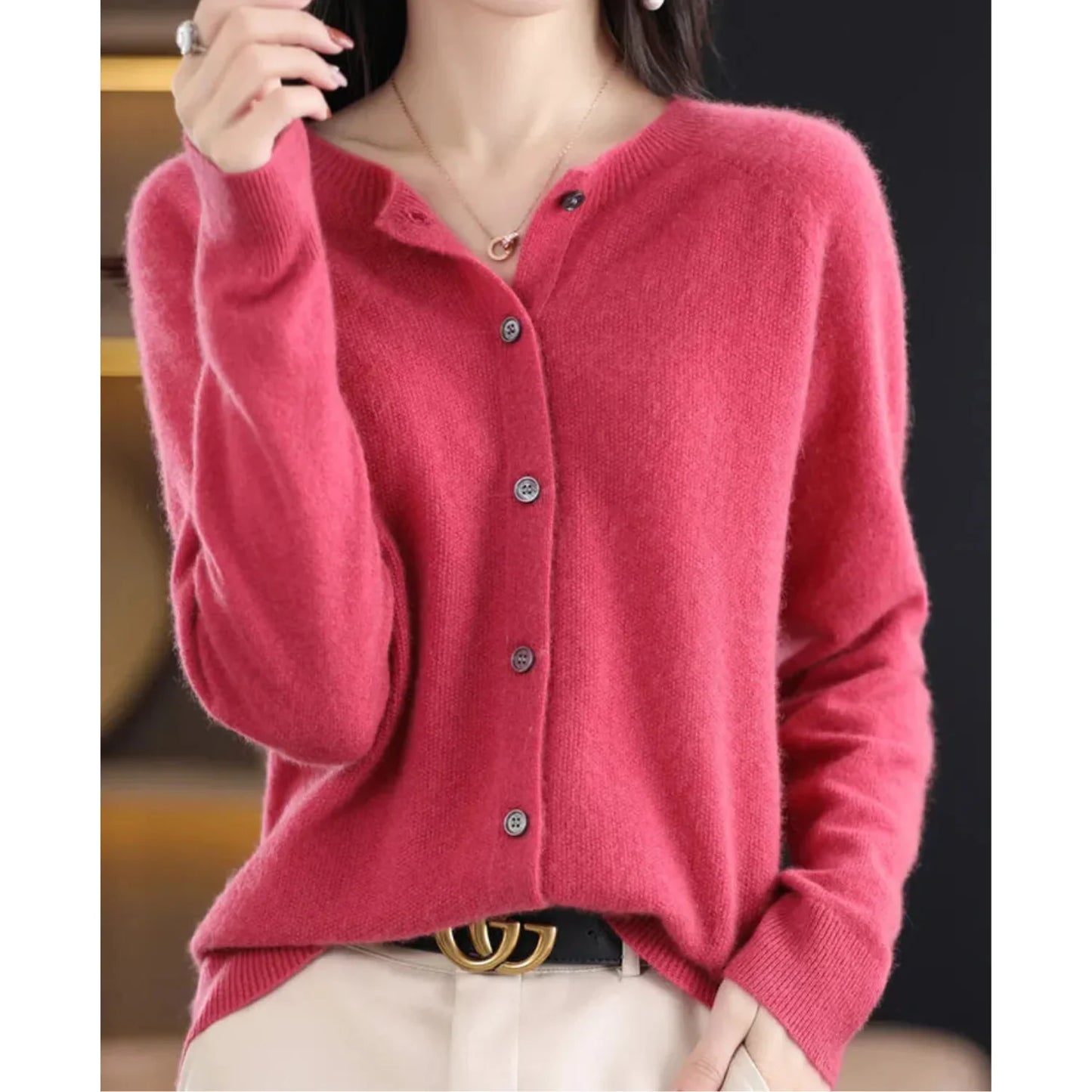 Women's O-Neck Cardigan Pure Wool Cashmere Sweater