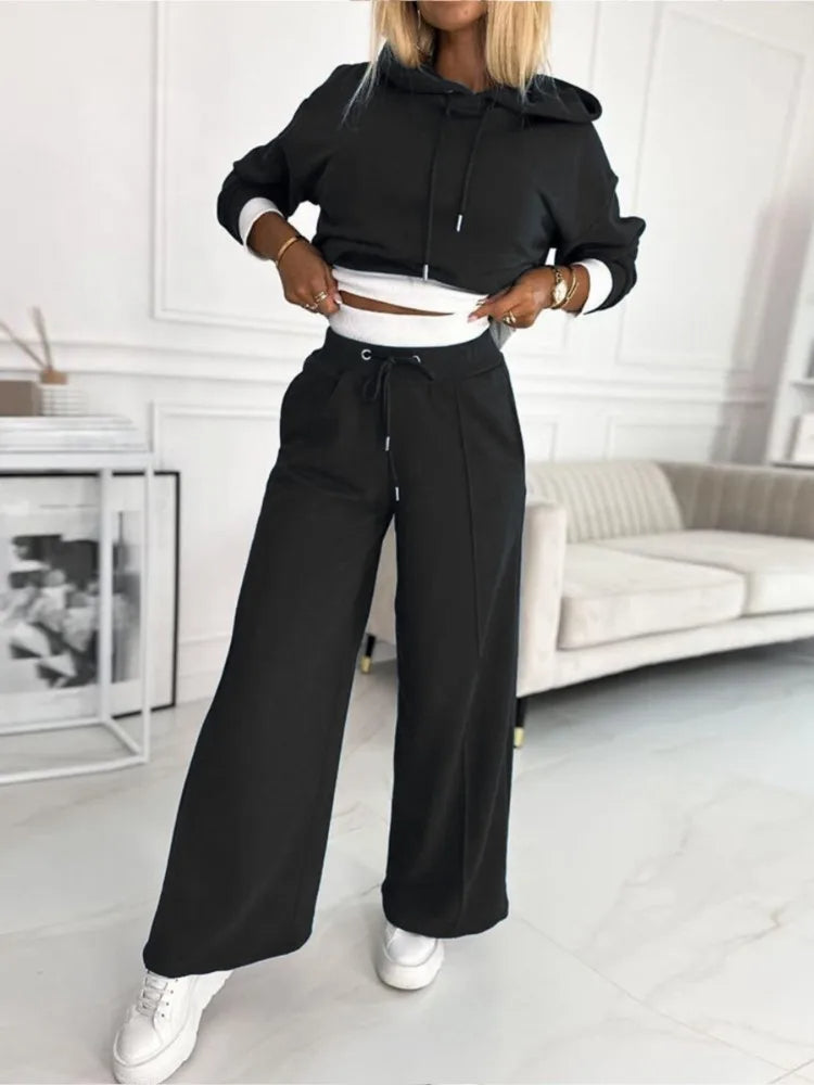 Women's Relaxed Fit Knit Lounge Set with Hoodie and Drawstring Trousers