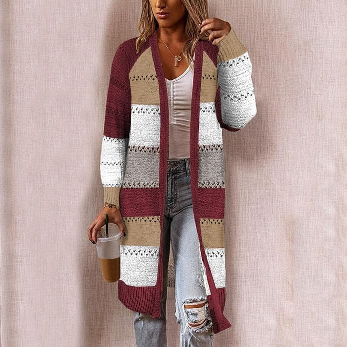 Women's Knitted Cardigan Long Open Front Textured Stripe Detail