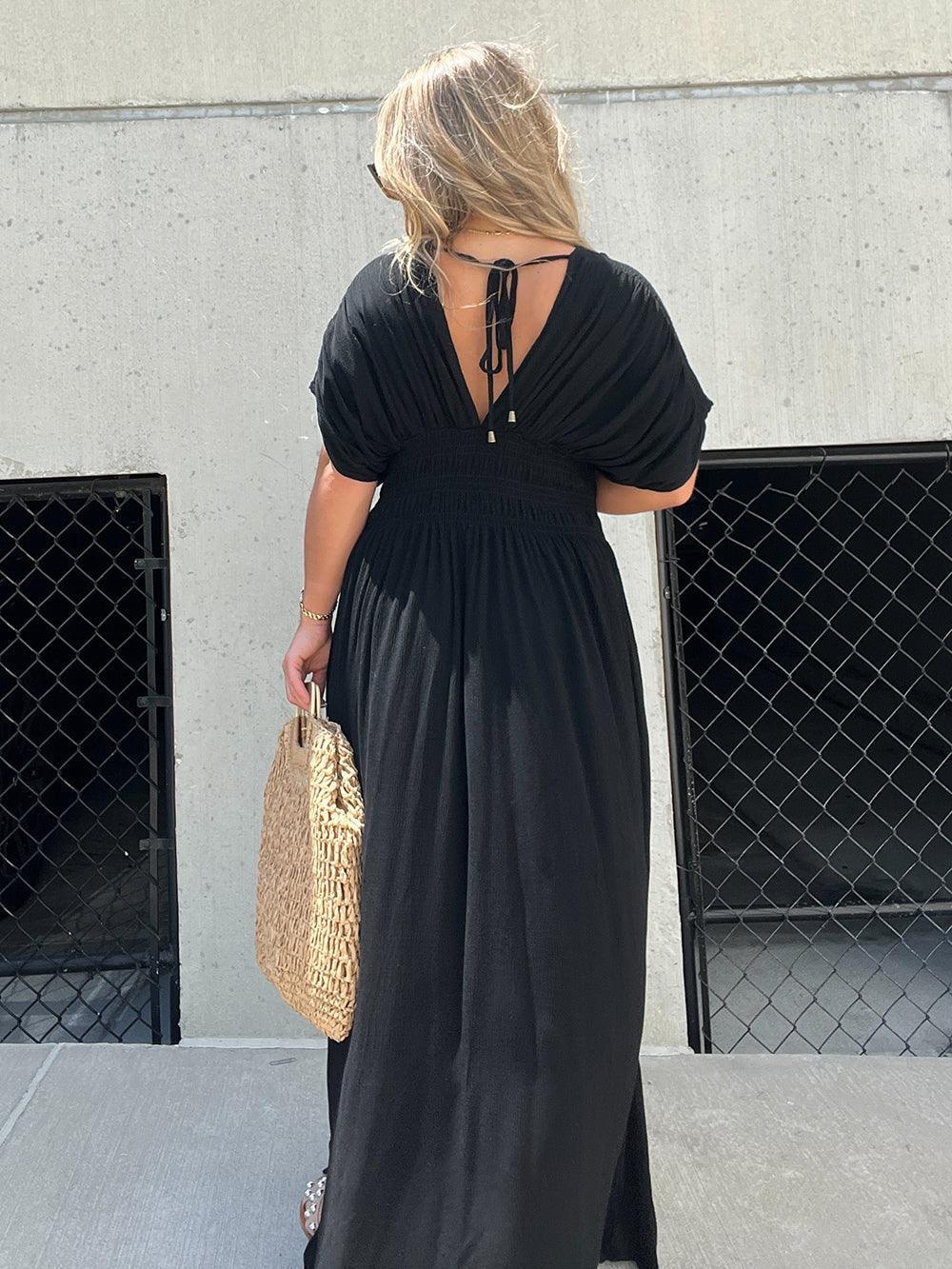Women’s Maxi Dress – Smocked Waist – Relaxed Fit – V-Neck – Short Sleeve – Flowy Cotton