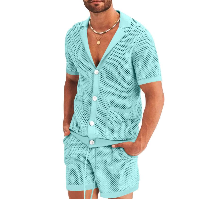 Men's Casual Hollow Short Sleeve Shirt and Shorts Set