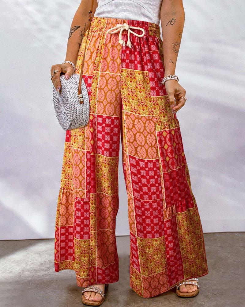 Women's High Waist Palazzo Trousers with Adjustable Drawstring and Boho Print