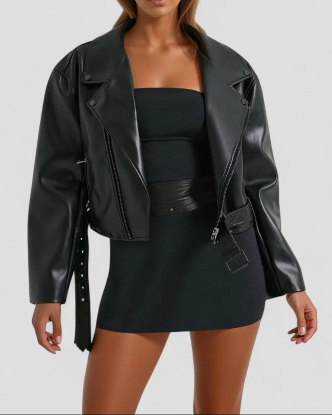 Women's Cropped Biker Jacket Faux Leather