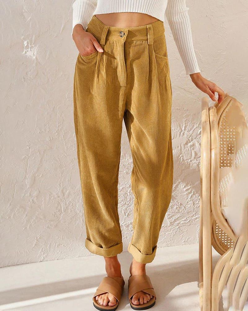 Women's High-Waisted Trousers Pleated Front Cuffed Hem Ribbed Fabric
