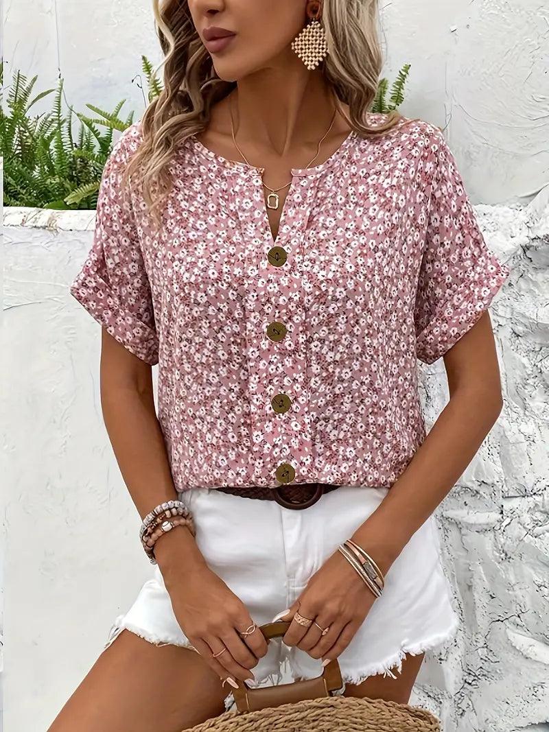 Women's Button-Up Floral Top with Short Sleeves and Loose Fit