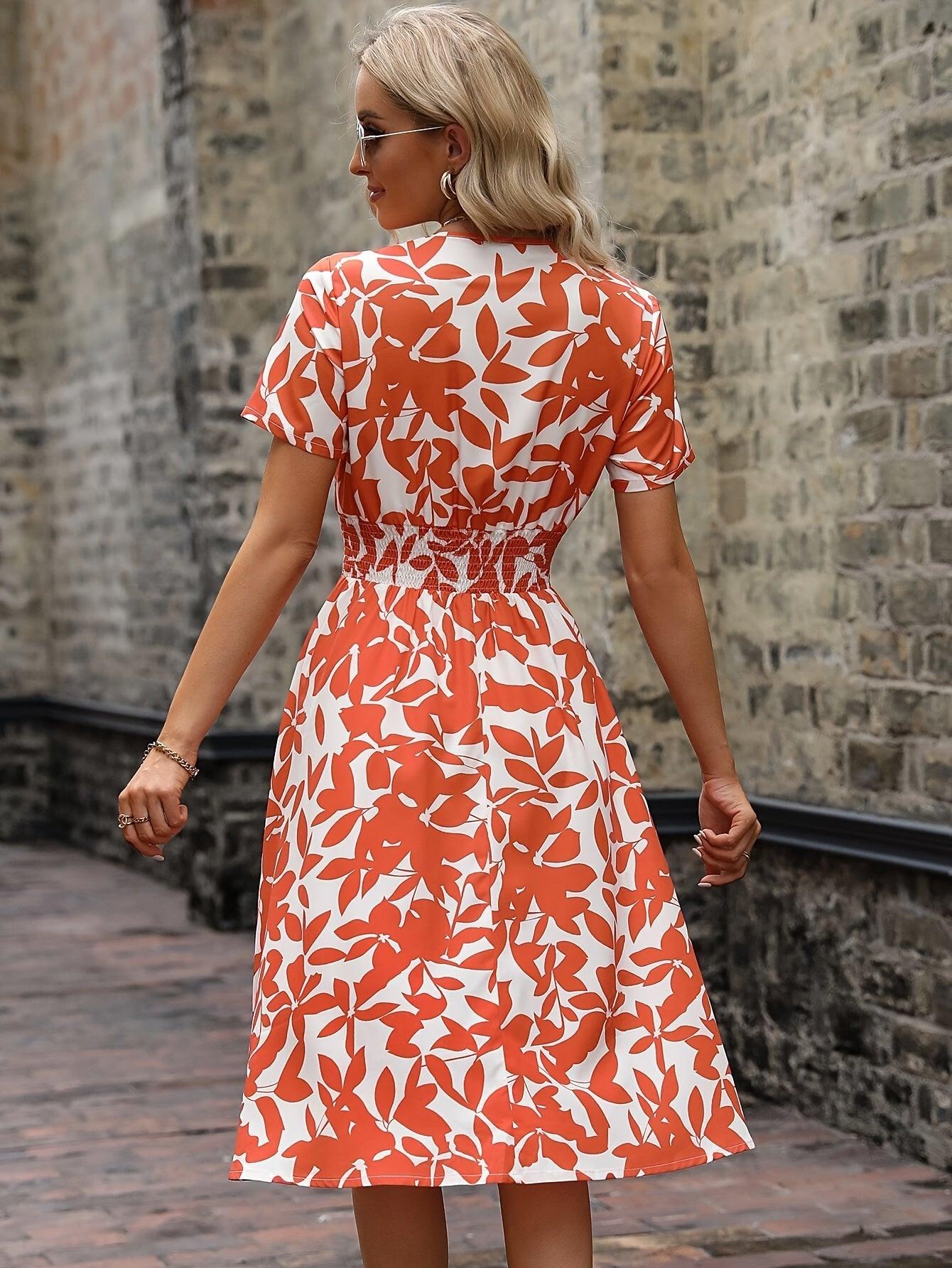 Women's Midi Dress Floral Print Smocked Details