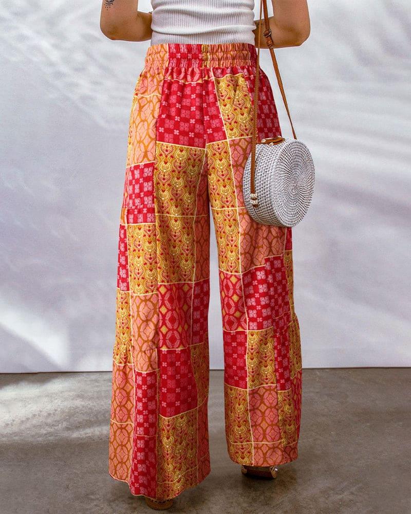Women's High Waist Palazzo Trousers with Adjustable Drawstring and Boho Print