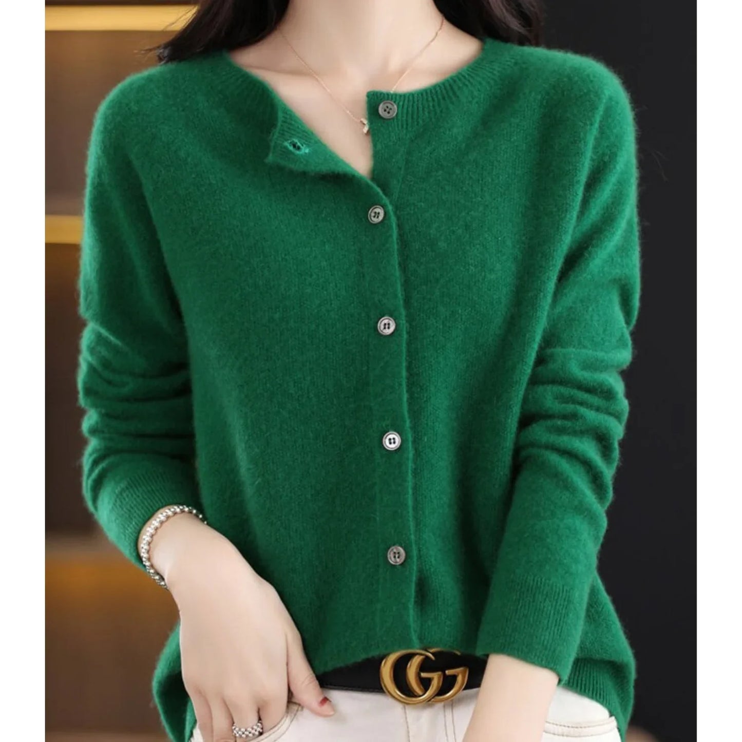 Women's O-Neck Cardigan Pure Wool Cashmere Sweater