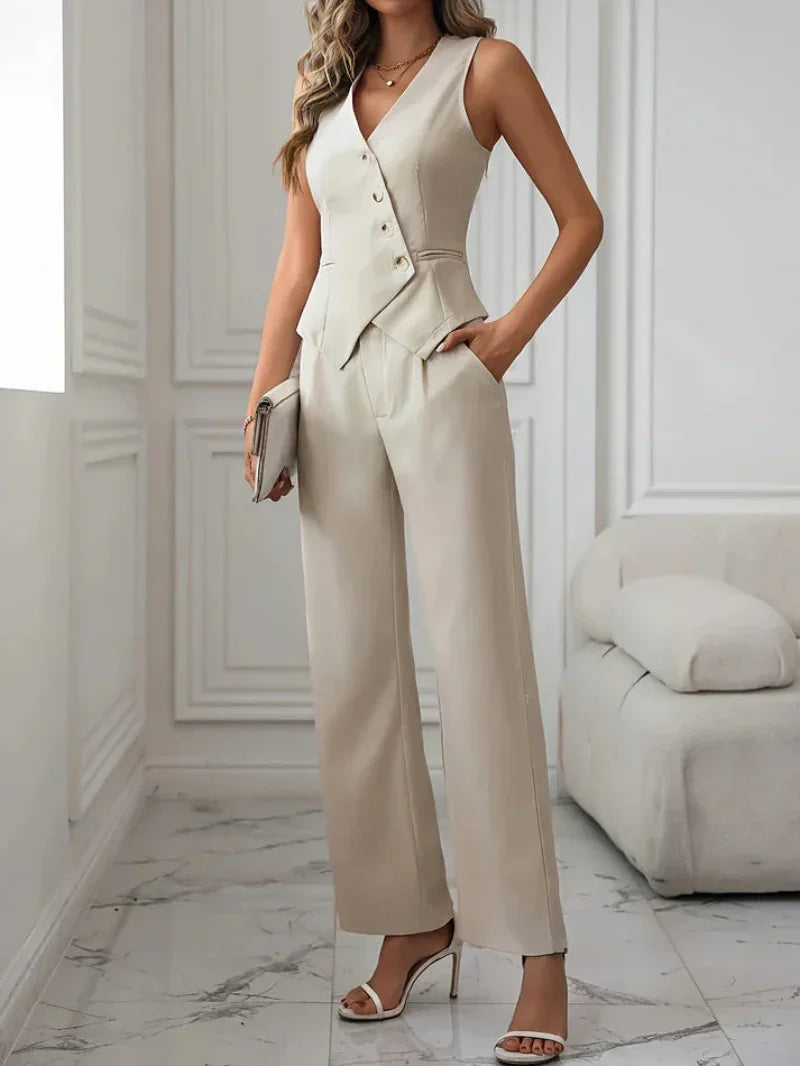 Women's Flare Leg Pants and Vest Set - Elegant Single Breasted Style for Winter