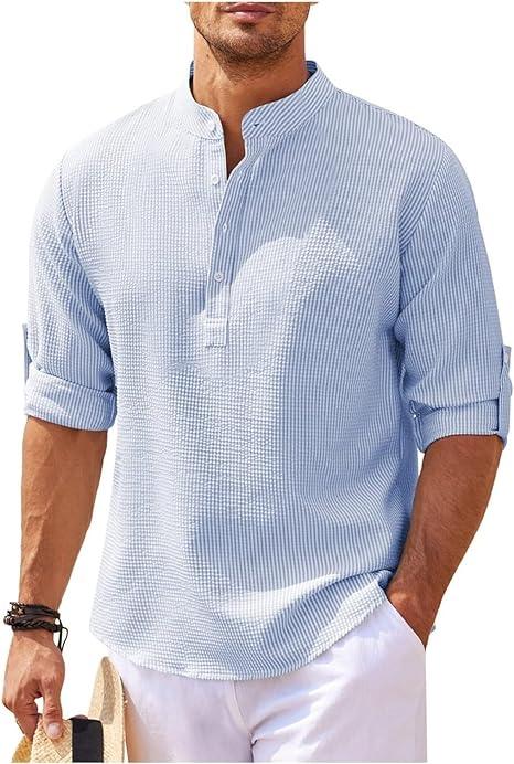 Men's Lightweight Cotton Casual Shirt - Relaxed Fit Band Collar Half Placket