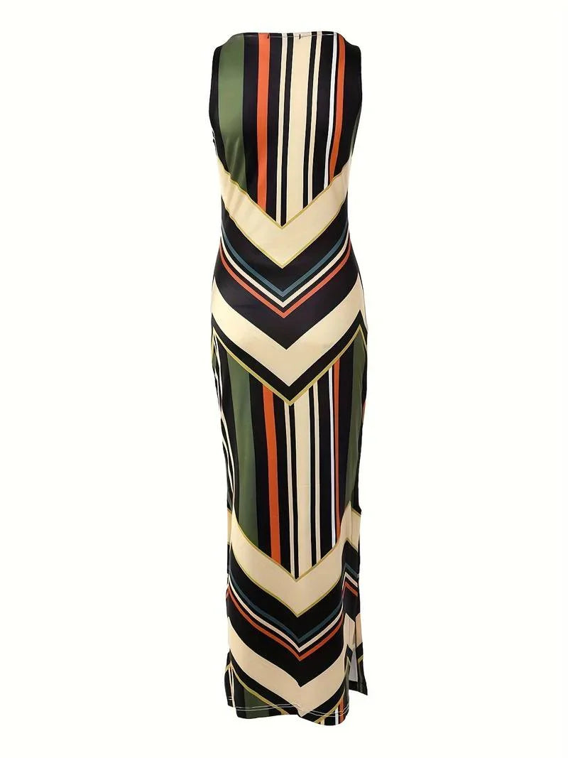 Women's Maxi Dress - Sleeveless Crew Neck - Chevron Stripe - High Side Slit