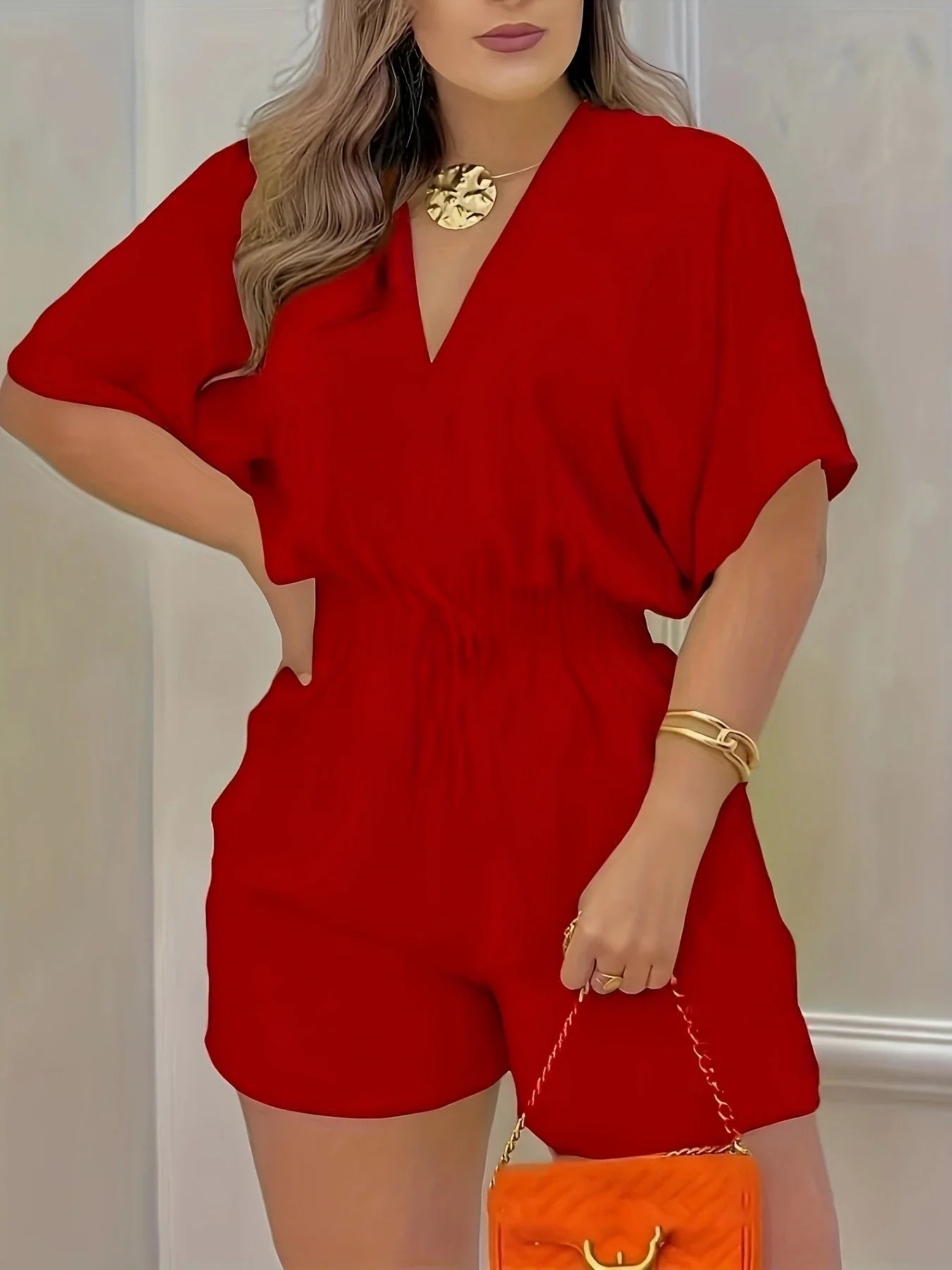 Women's V-Neck Shirred Waist Romper