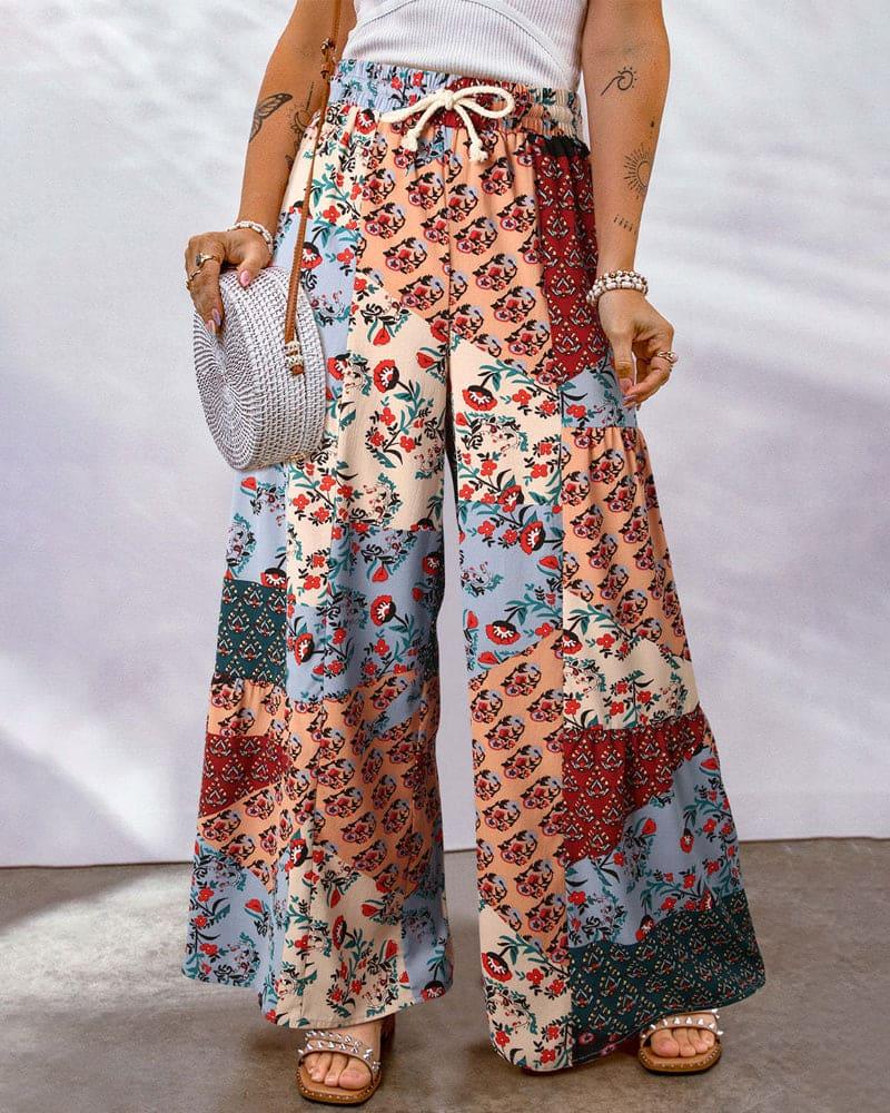 Women's High Waist Palazzo Trousers with Adjustable Drawstring and Boho Print