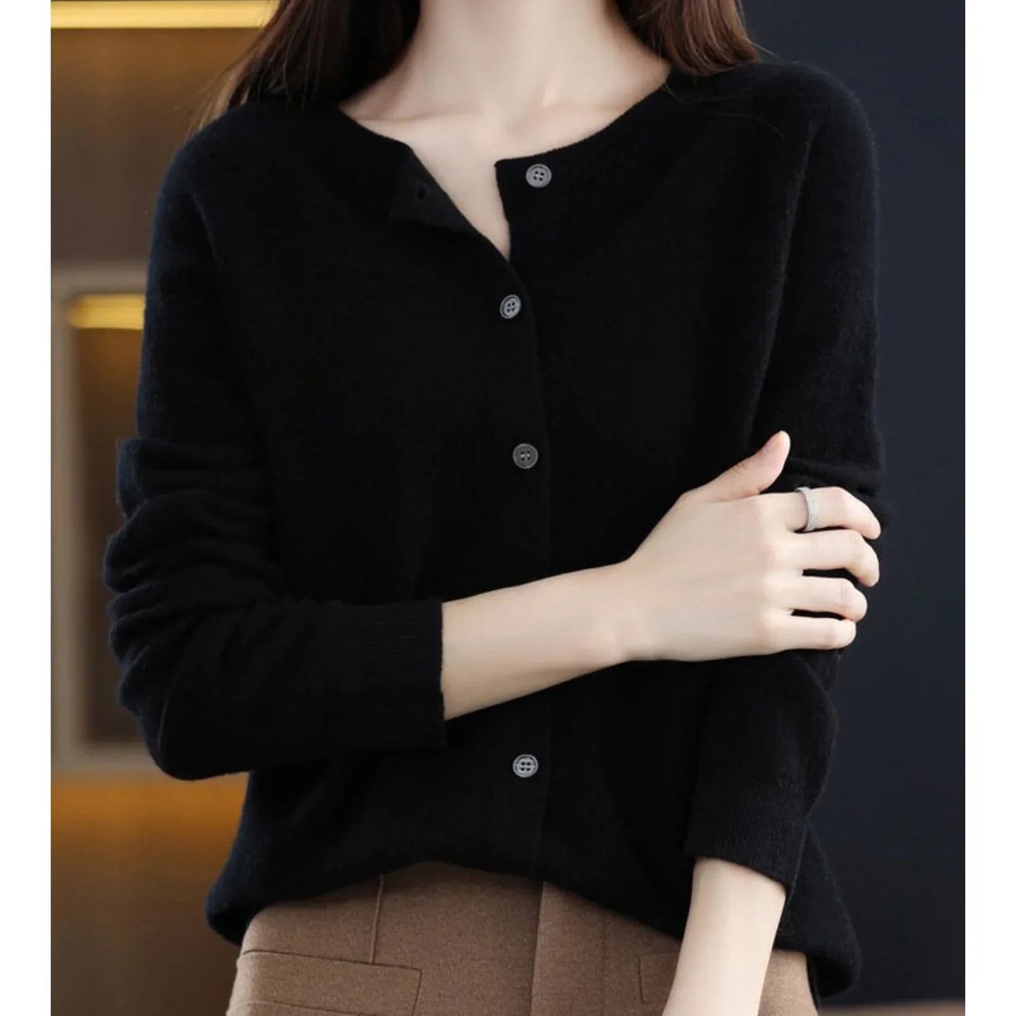 Women's O-Neck Cardigan Pure Wool Cashmere Sweater