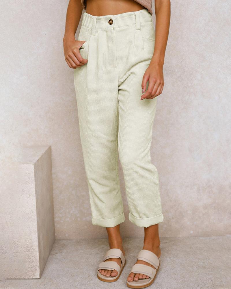 Women's High-Waisted Trousers Pleated Front Cuffed Hem Ribbed Fabric