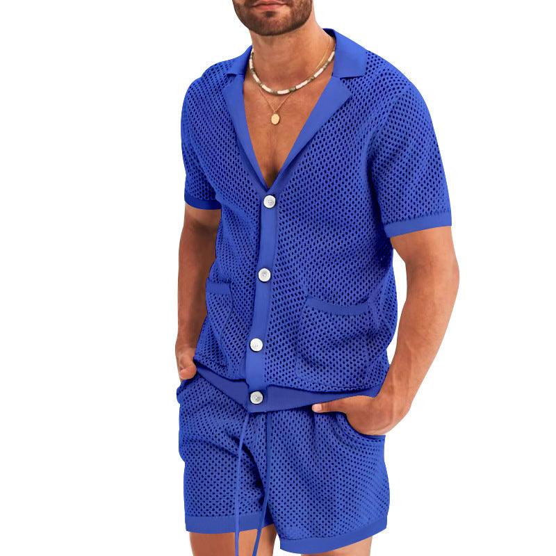 Men's Casual Hollow Short Sleeve Shirt and Shorts Set