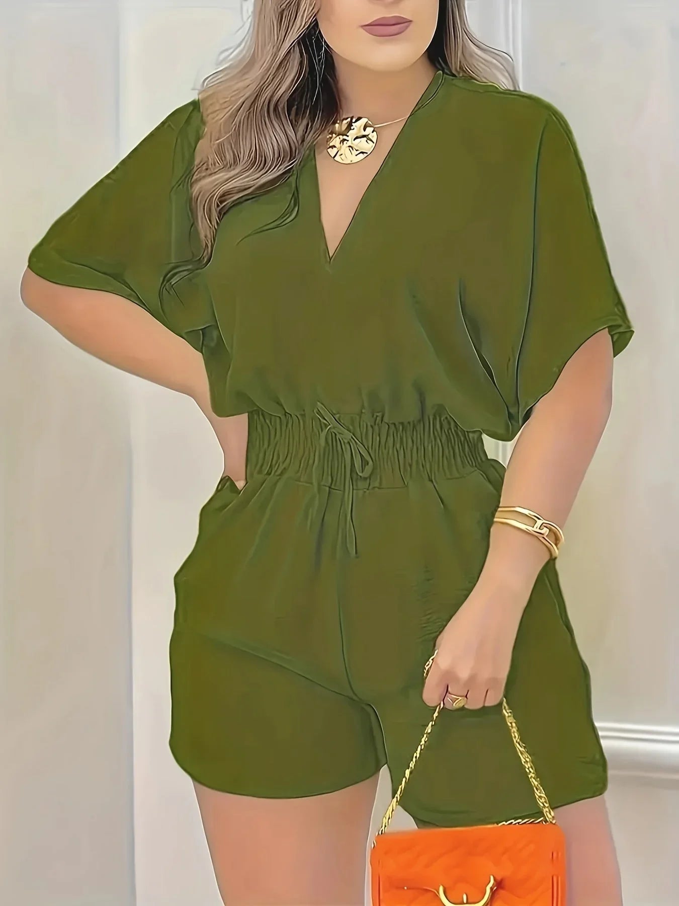 Women's V-Neck Shirred Waist Romper