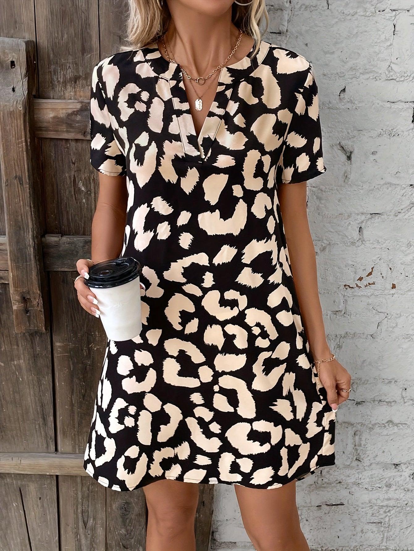 Women's V-Neck Leopard Print Dress with Short Sleeves