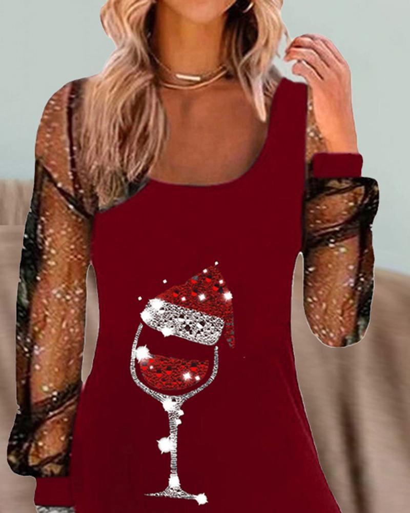 Women's Elegant Dress with Wine Glass Print