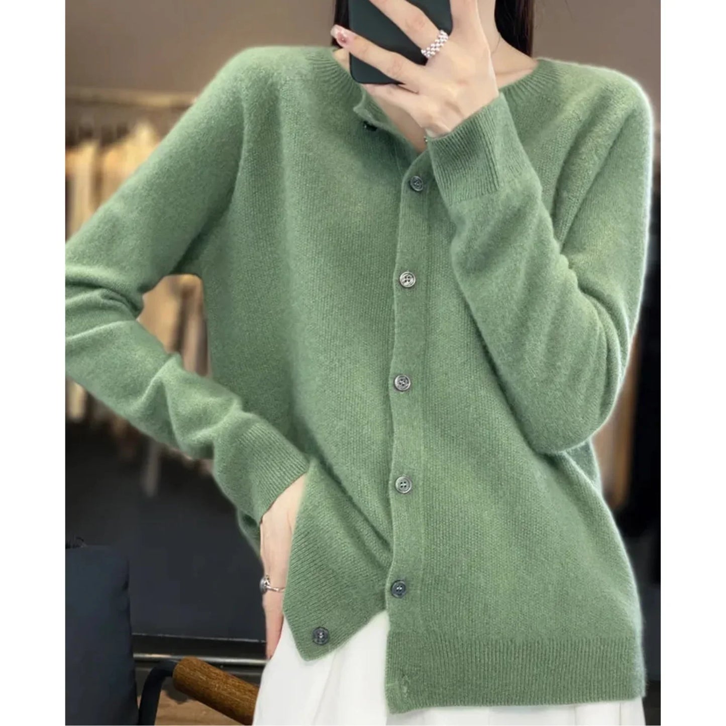 Women's O-Neck Cardigan Pure Wool Cashmere Sweater