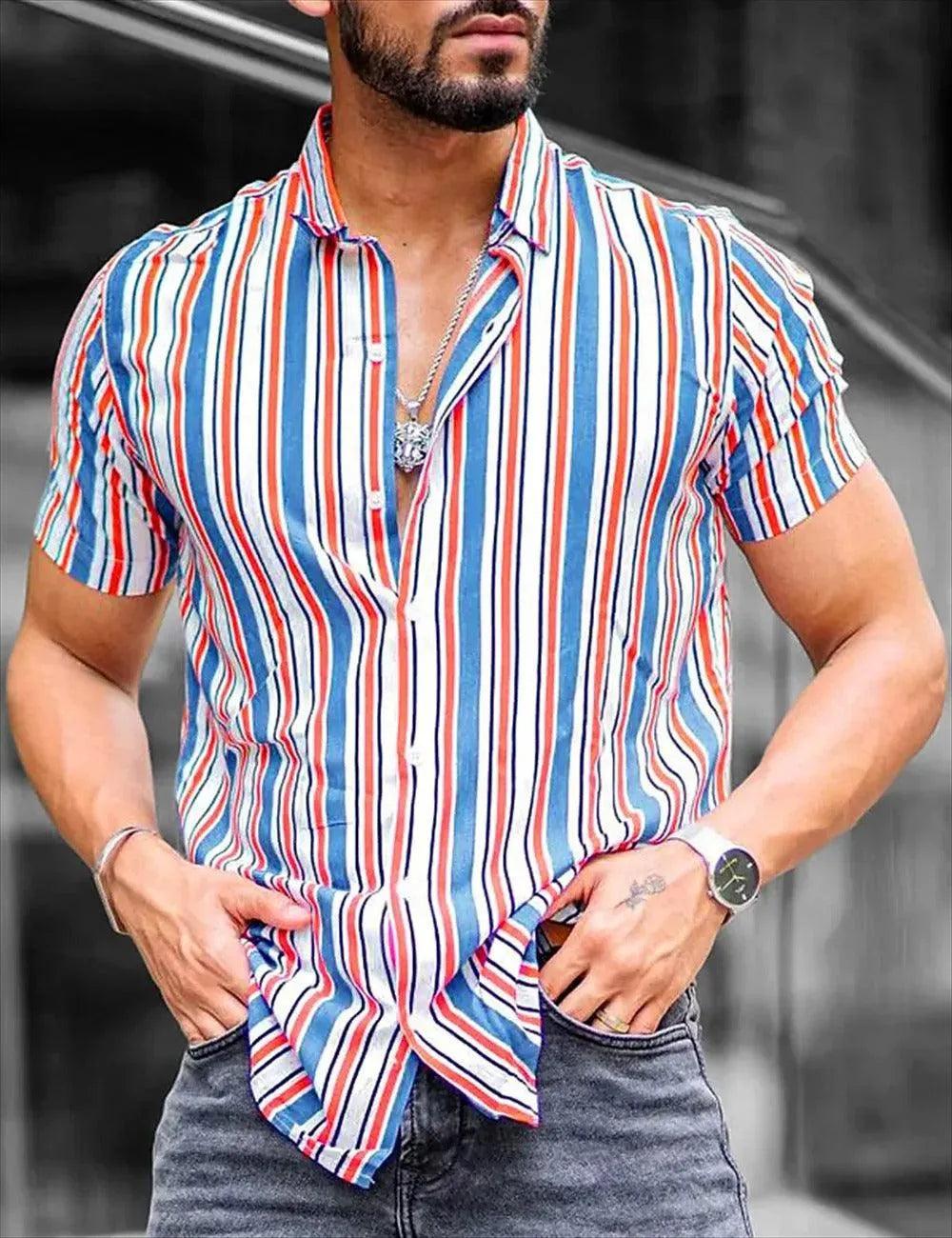 Men's Striped Short-Sleeve Button-Up Shirt Lightweight Breathable Fabric
