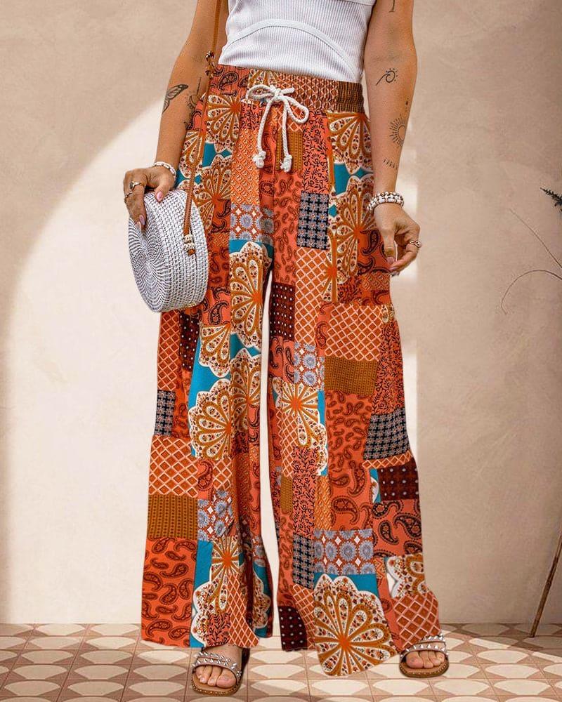 Women's High Waist Palazzo Trousers with Adjustable Drawstring and Boho Print