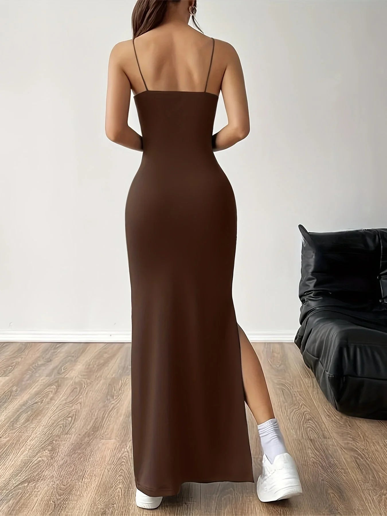 Women’s Maxi Dress – Fitted Silhouette – Spaghetti Straps – Side Slit – Patterned Fabric