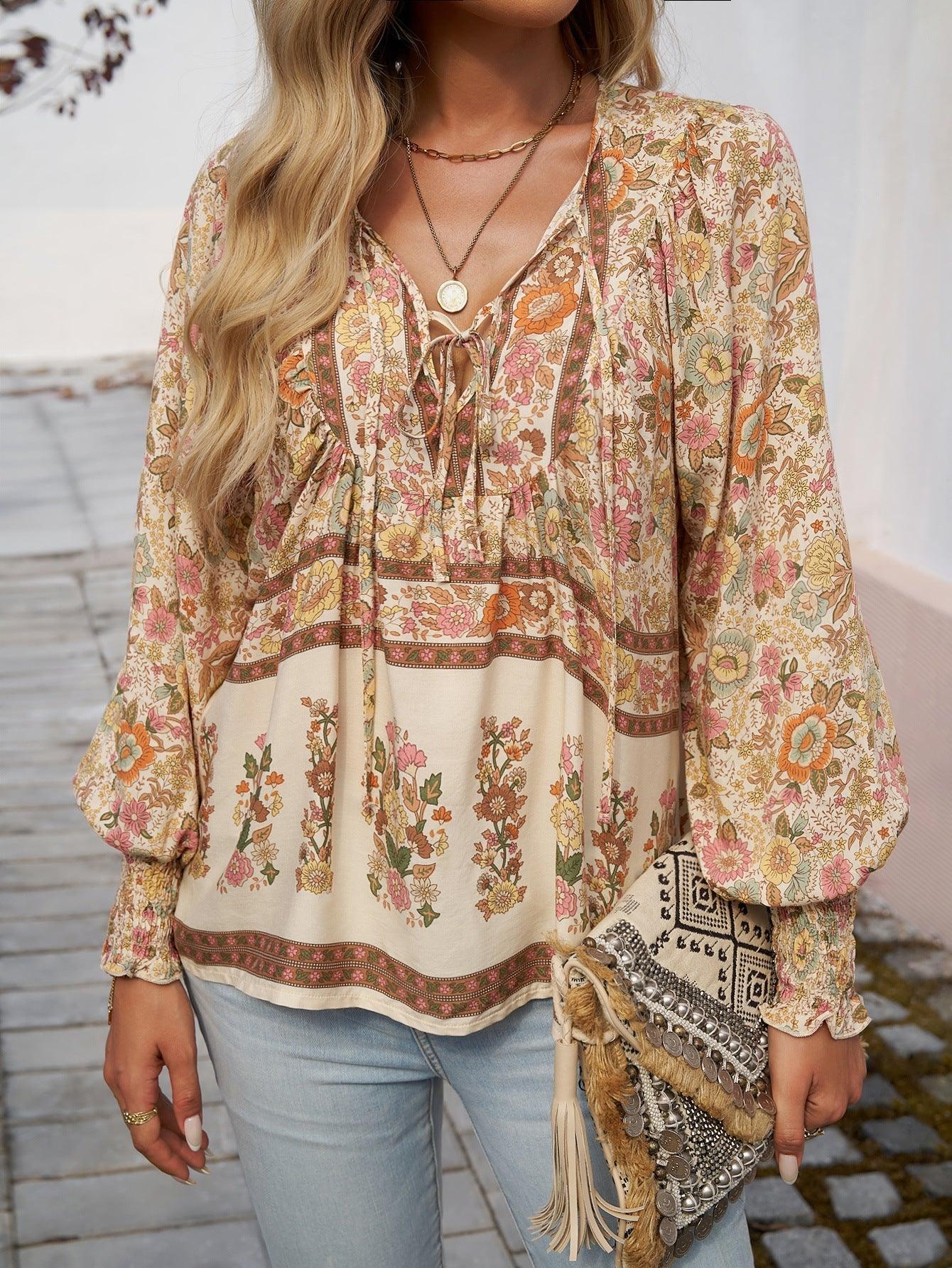 Women's Floral Tunic Top V-Neck Tie Long Sleeve