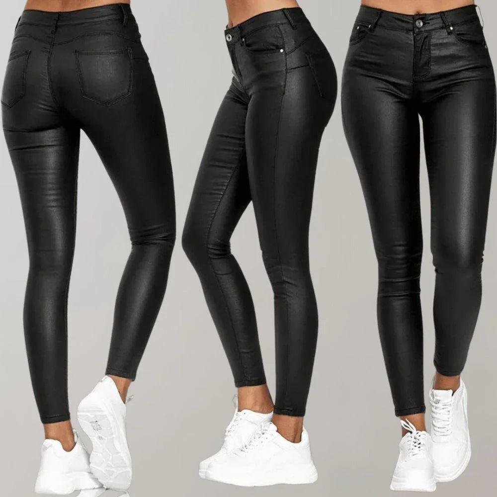 Women's High-Waisted Skinny Trousers Coated Finish Stretch Fit