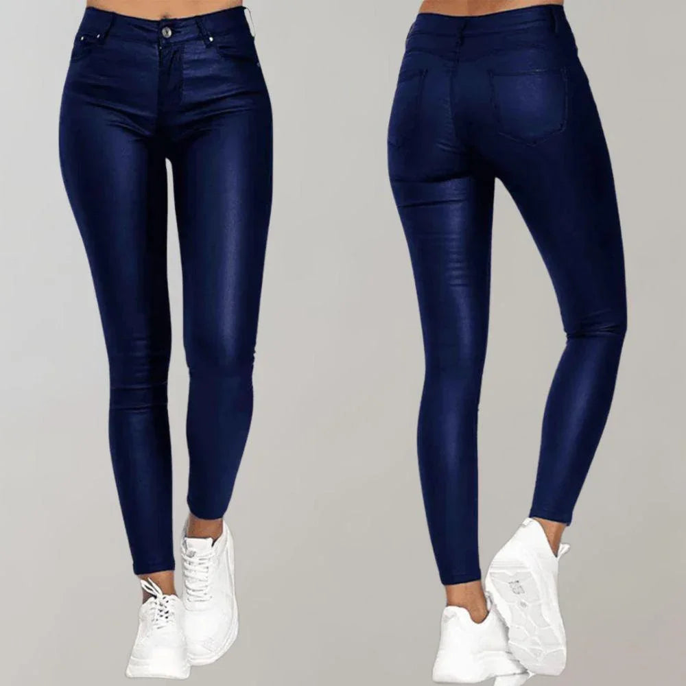 Women's High-Waisted Skinny Trousers Coated Finish Stretch Fit