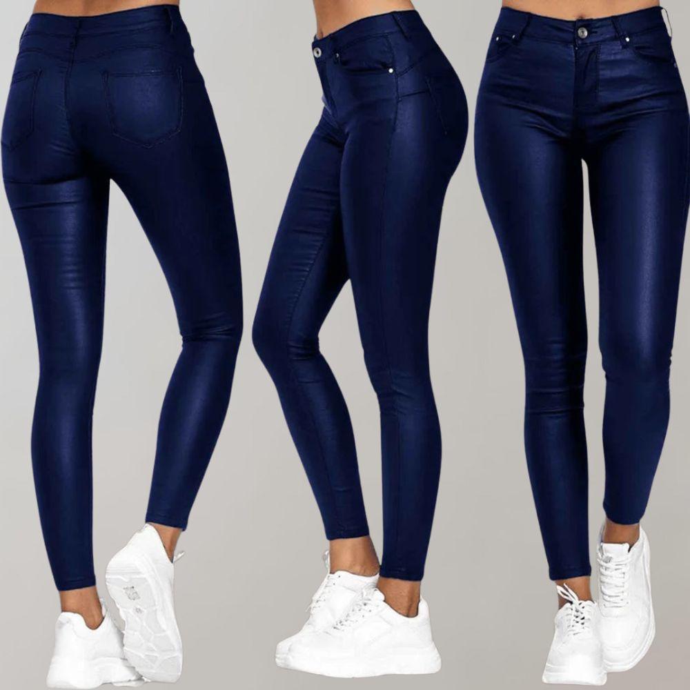 Women's Skinny Trousers Coated Finish High-Waisted Stretch Fit Ankle Length