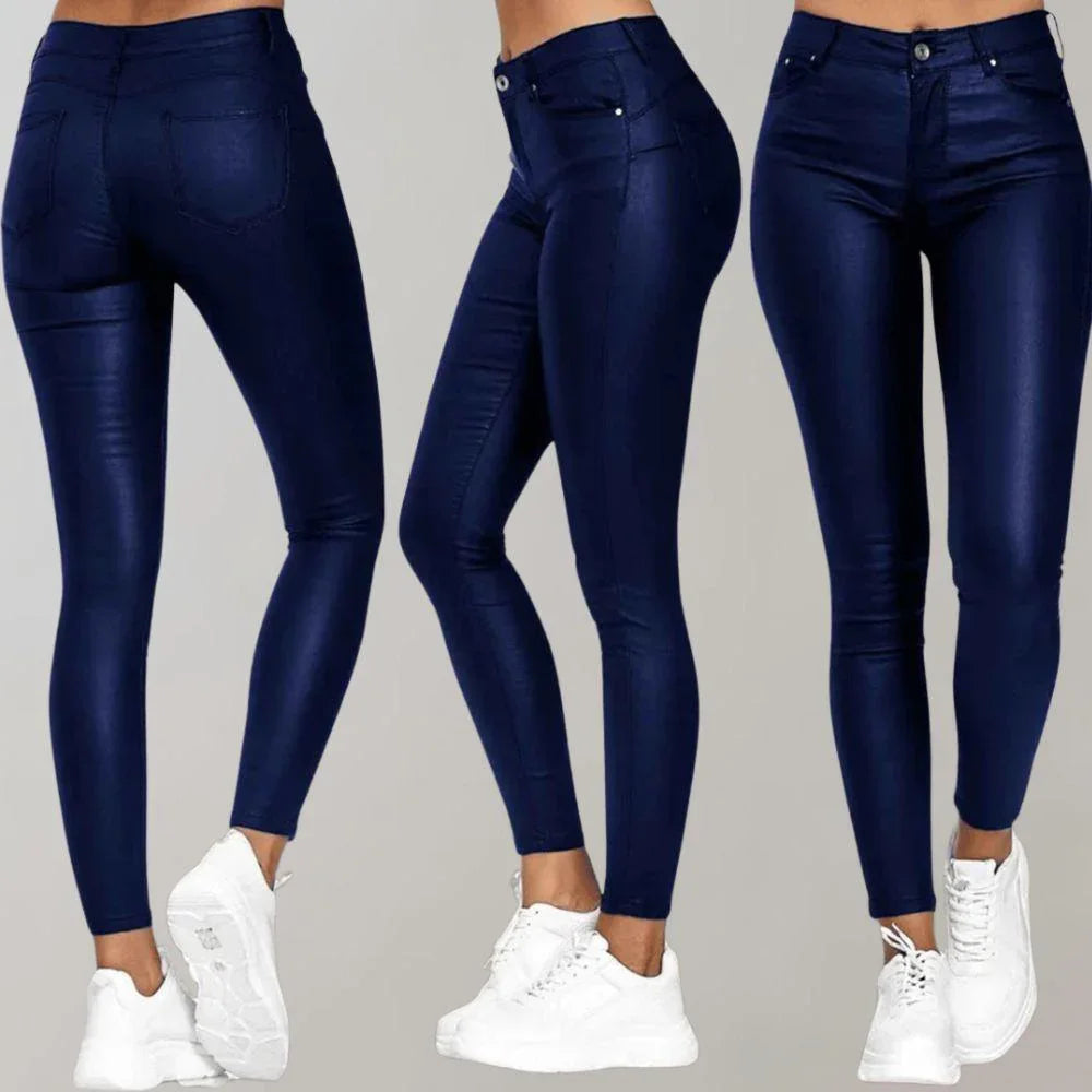 Women's High-Waisted Skinny Trousers Coated Finish Stretch Fit