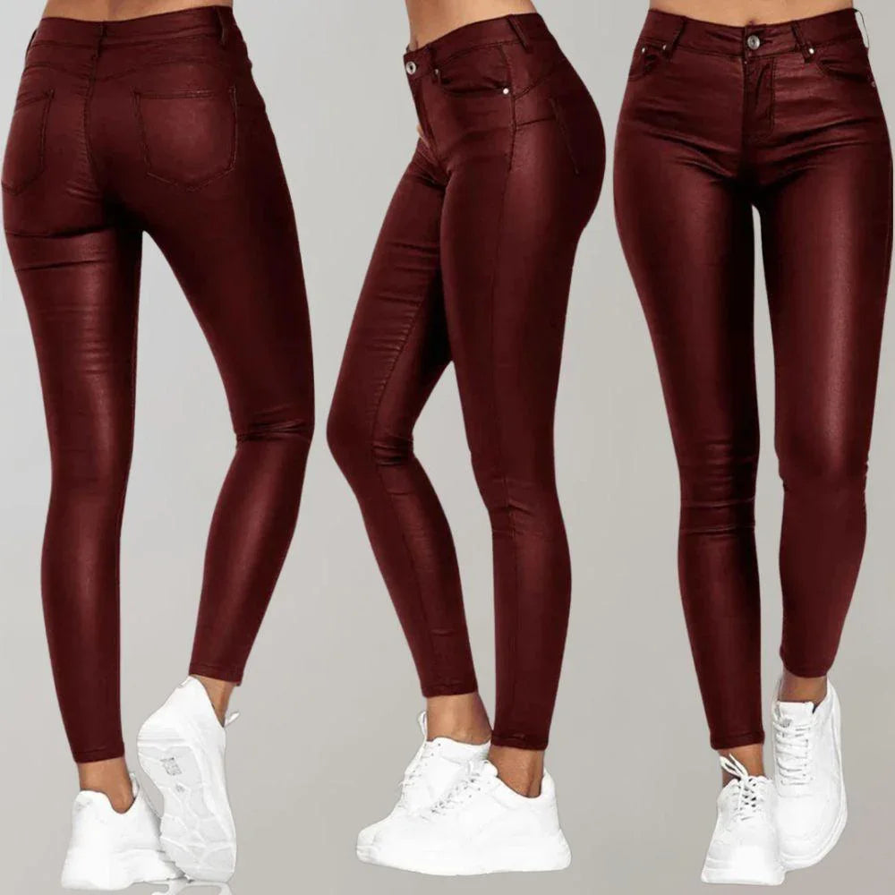 Women's High-Waisted Skinny Trousers Coated Finish Stretch Fit