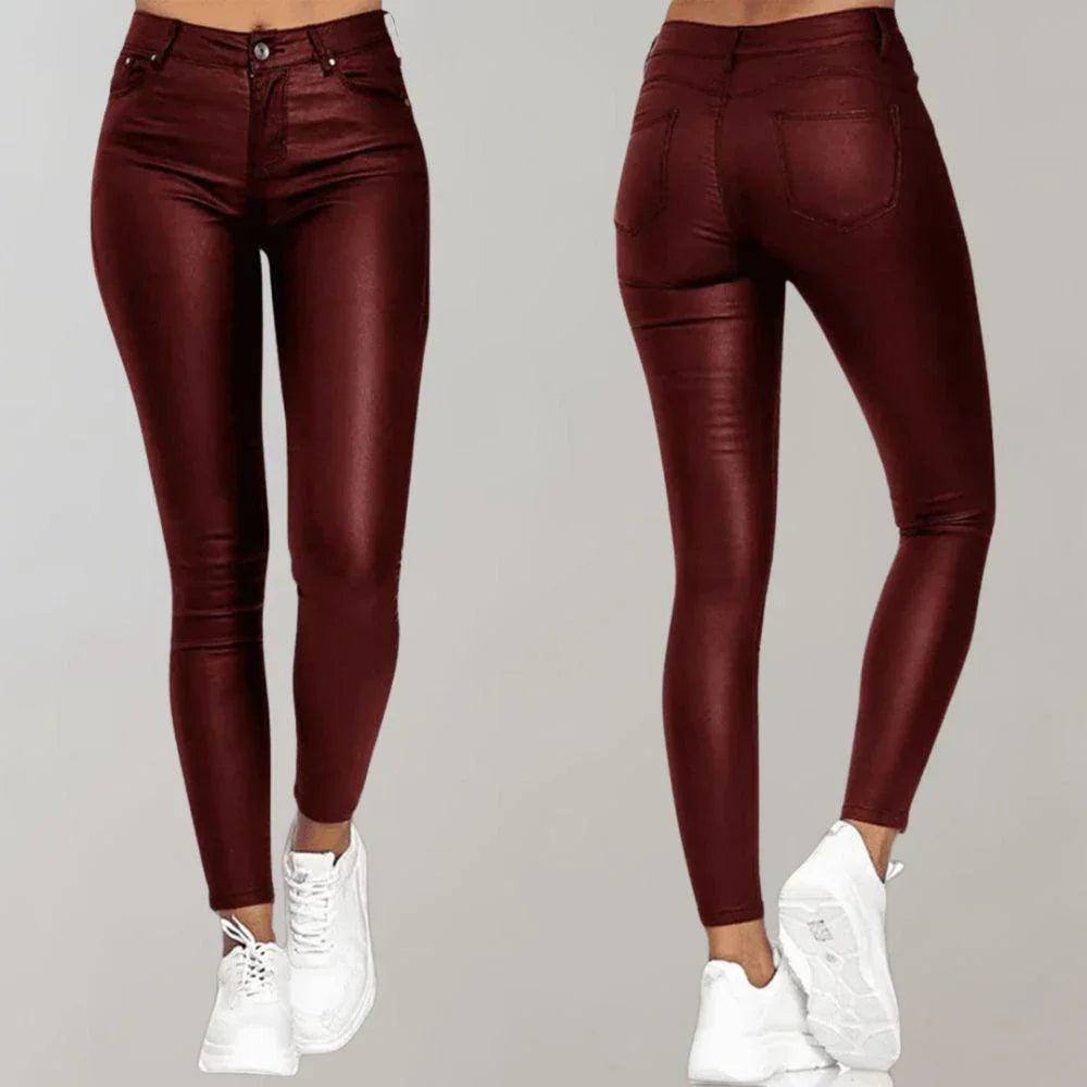 Women's High-Waisted Skinny Trousers Coated Finish Stretch Fit
