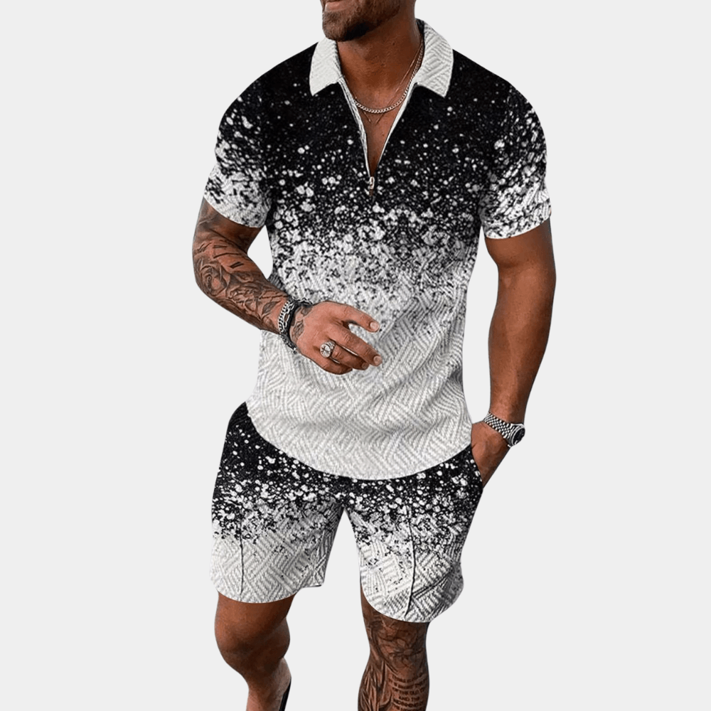Men’s Short Sleeve Geometric Pattern Set with Zip Closure