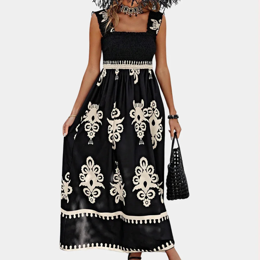 Women's Maxi Dress - Smocked Bodice - A-Line Flowing Fit - Square Neck Wide Straps