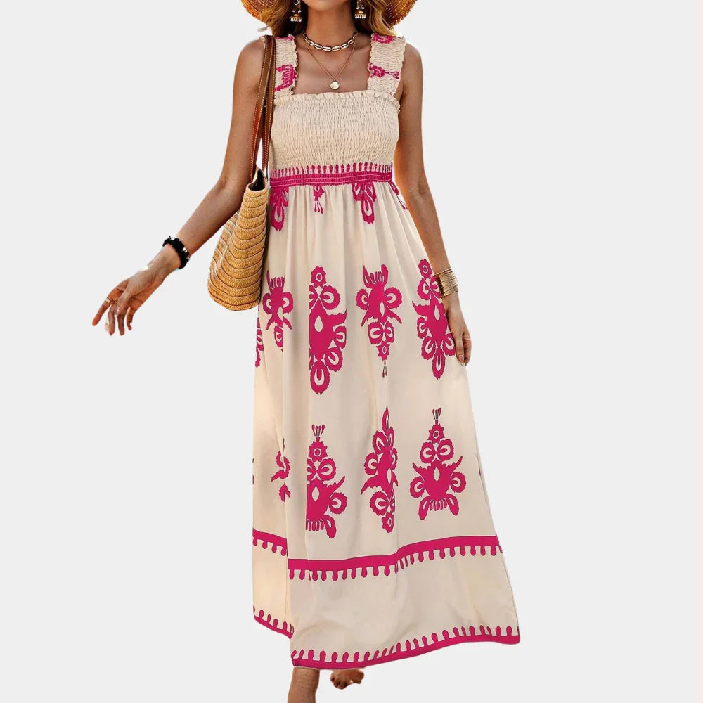 Women's Maxi Dress - Smocked Bodice - A-Line Flowing Fit - Square Neck Wide Straps