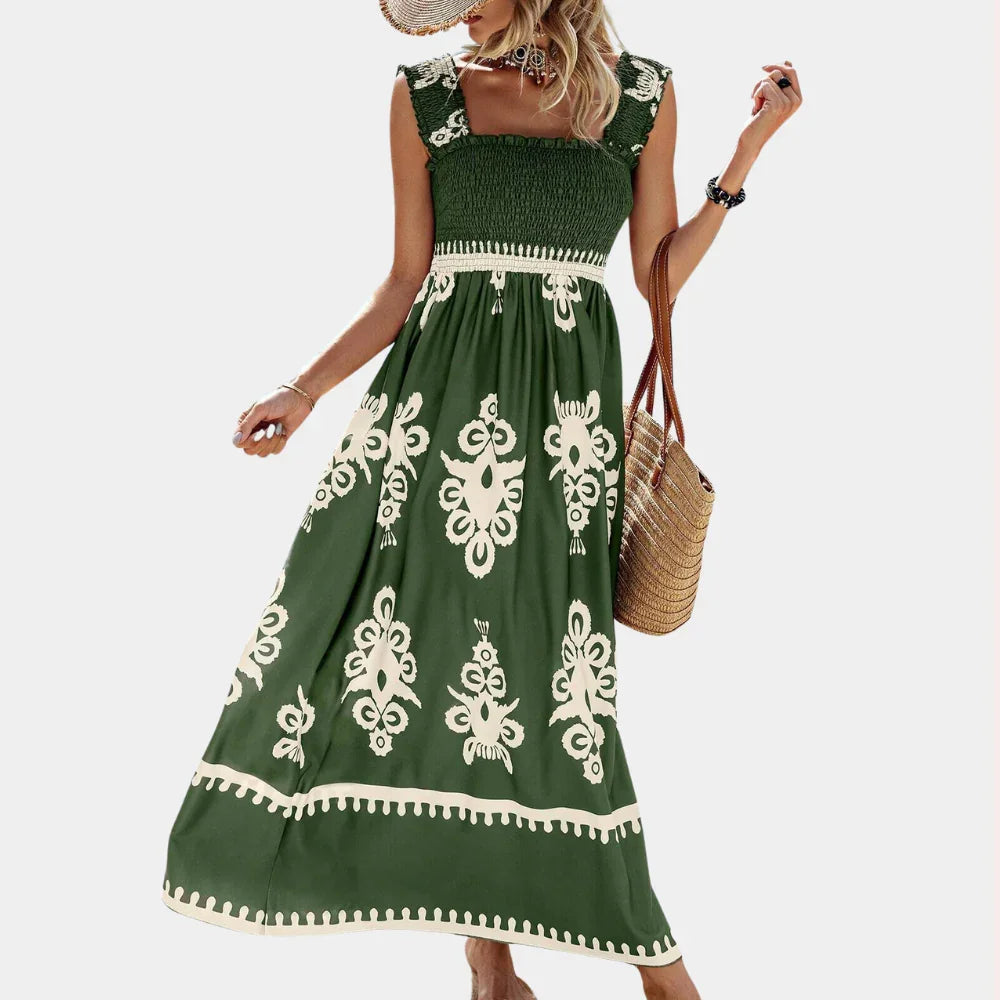 Women's Maxi Dress - Smocked Bodice - A-Line Flowing Fit - Square Neck Wide Straps