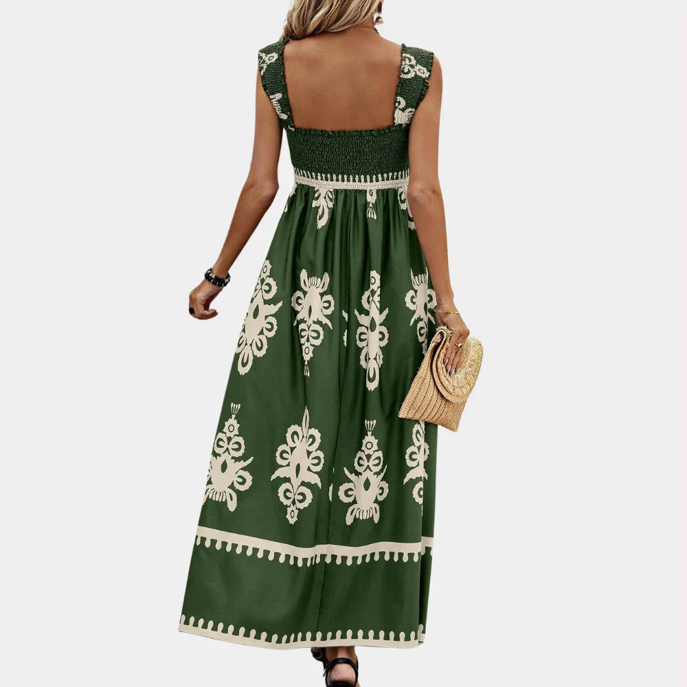Women's Maxi Dress - Smocked Bodice - A-Line Flowing Fit - Square Neck Wide Straps
