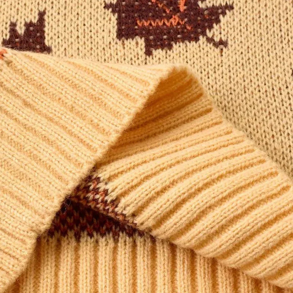 Women's Knitted Sweater Leaf Pattern Long Sleeve Round Neck