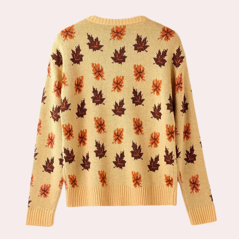 Women's Knitted Sweater Leaf Pattern Long Sleeve Round Neck