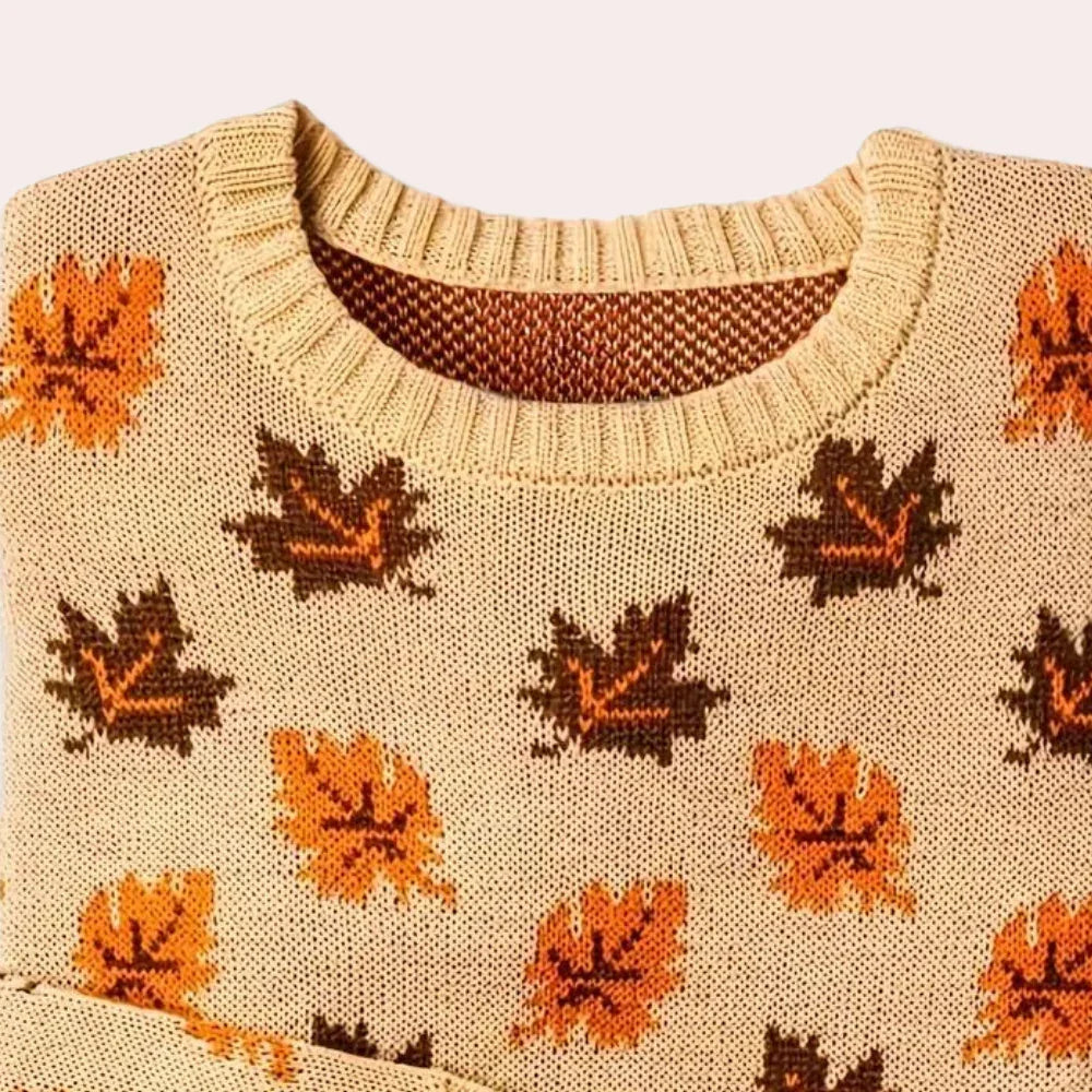 Women's Knitted Sweater Leaf Pattern Long Sleeve Round Neck