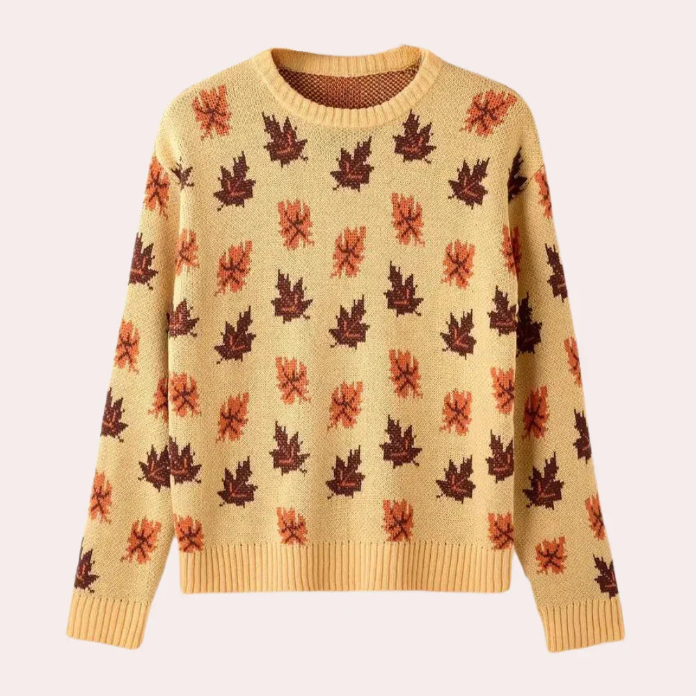 Women's Knitted Sweater Leaf Pattern Long Sleeve Round Neck