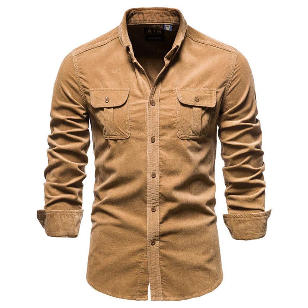 Men’s Corduroy Button-Down Shirt with Long Sleeves and Chest Pockets