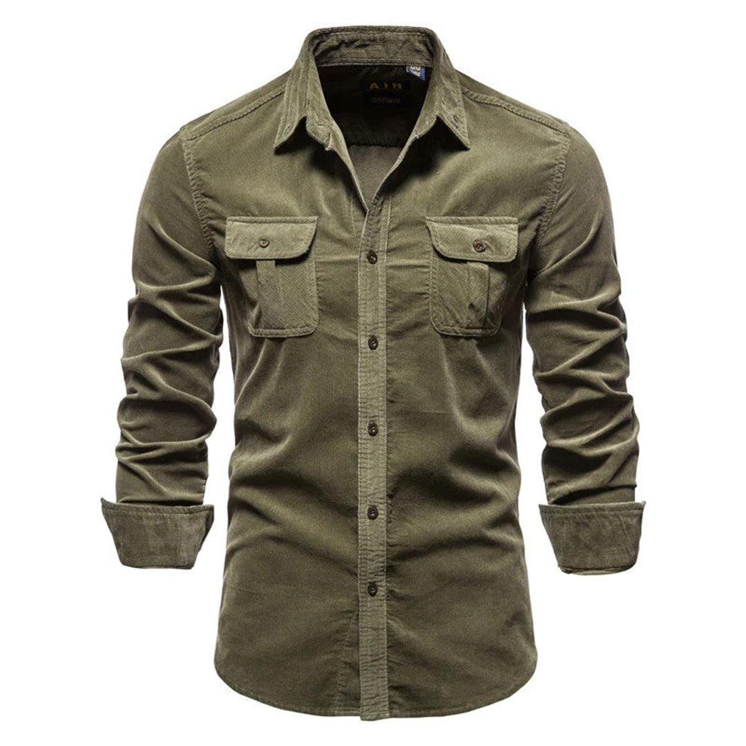 Men’s Corduroy Button-Down Shirt with Long Sleeves and Chest Pockets