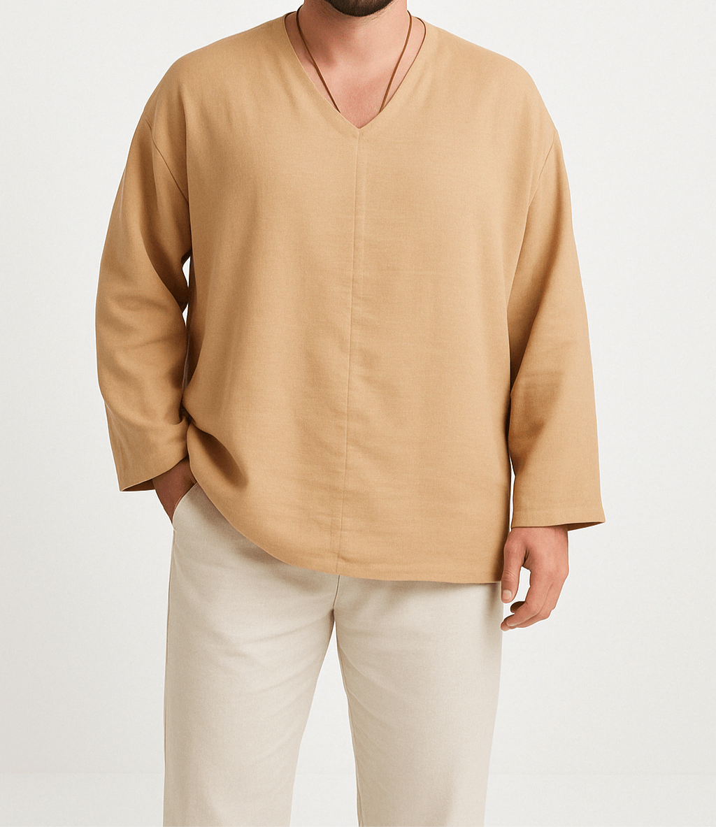 Men’s V-Neck Linen Shirt Long Sleeve Relaxed Fit